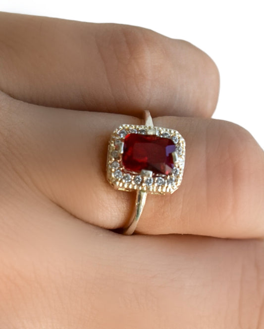 Anillo Cuadro Rojo- Plata 925